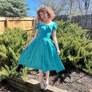 Teal 1950s Embroidered Satin Party Dress